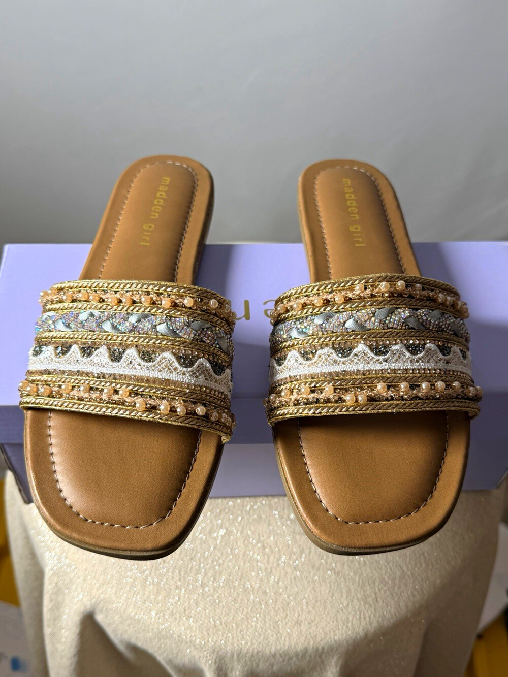 Madden Girl Women's Tan/Gold Rhinestone Beaded Slide Sandals Open Toe Size 7